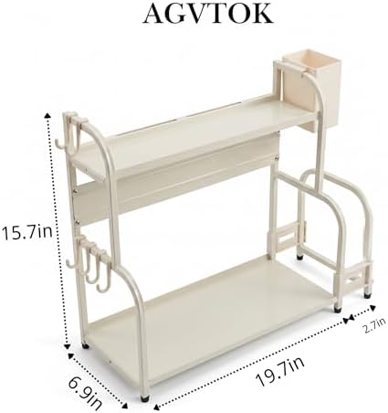 2 Tier Bathroom Counter Organizer, Narrow Space Saving Metal Shelf with Hooks and Side Basket, Multifunctional Vanity Tray Rack for Makeup, Skincare, Spice and Kitchen Storage, White - Image 3