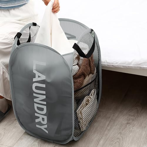 Mesh Laundry Hamper Pop Up Laundry Hamper Collapsible Laundry Basket with Carry Handles, Large Side Pocket for Bedroom, Student Dorm, RV, Cruise, Grey - Image 2