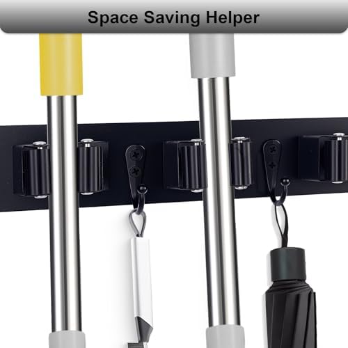 FunCee Broom Holder Wall Mount With 5 Slots & 4 Hooks，Rustic Wood Broom & Mop Hanger，Wall Mounted Garden & Garage Tool Storage Organizer Rack for Closet Laundry Room or Kitchen Wall Decor Black - Image 3
