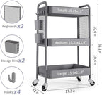 TOOLF 3 Tier Rolling Cart, Metal Utility Storage Cart with Pegboard, Grey | 2 Bins & 4 Hooks, Screwless Assembly, Lockable Wheels, Trolley Organizer for Bathroom, Kitchen, Office, Dorm, Craft Room - Image 6