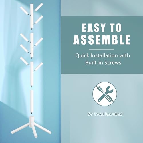 Haddockway Wooden Coat Rack Stand with 8 Hooks New Zealand Pine 3 Adjustable Coat Standing Tree Easy Assembly for Coats, Hats, Scarves and Handbags for Entryway, Hallway, Bedroom, Office, white - Image 4