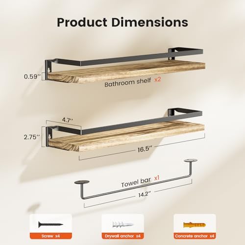 Amada Bathroom Shelves with Towel Bar, Set of 2, Light Brown - Image 3