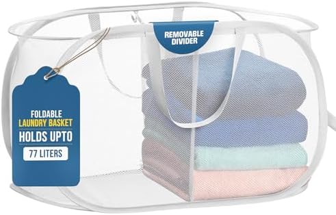 Handy Laundry Collapsible Laundry Basket, 2-Compartment Mesh Hamper – Foldable, Space-Saving, Lightweight & Durable with Handles for Dorm, Travel, Laundry Room, Apartment – White by Handy+Laundry