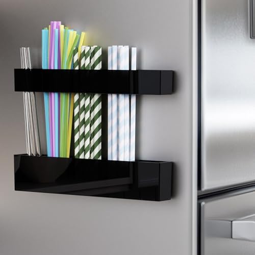 Magnetic Acrylic Straw Holder for Fridge - 5 Slot Sturdy Kitchen Organizer, Adhesive-Free Refrigerator Storage for Metal, Glass, Silicone Straws & Utensils (Separate unit Black-Magnetic Type-5C) by ENESNES