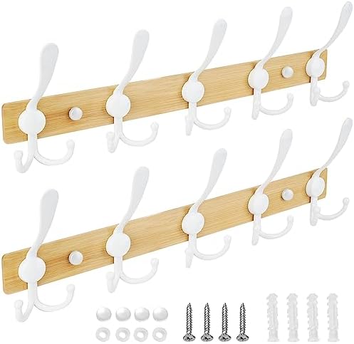 TICONN Wall Mounted Coat Rack, Five Heavy Duty Tri Hooks All Metal Construction for Jacket Coat Hat in Mudroom Entryway (Wood White, 2-Pack) by TICONN