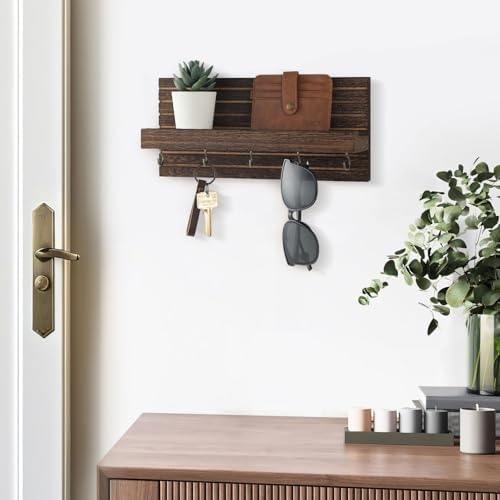 Lwenki Decorative Key Holder for Wall with Shelf, Entryway Shelf with Hooks Holds Leashes, Jackets and Glasses – Sturdy Wood Keyholder Entrance Hanger with Mounting Hardware (Brown, Medium) - Image 6