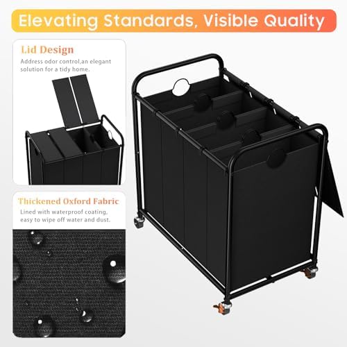 Laundry Sorter 4 Sections 48 Gal, Rolling Laundry Basket with Wheels ＆ Lid - Image 4