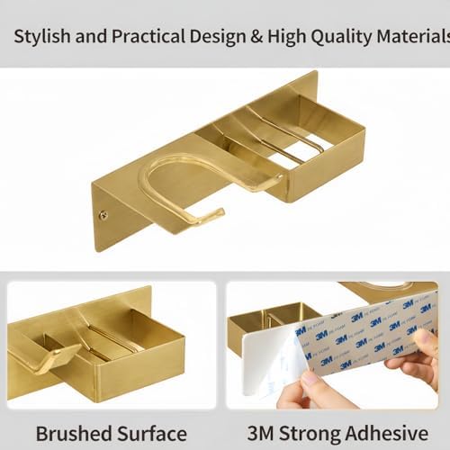 Hair Dryer and Straightener Holder, Stainless Steel Hair Dryer Stand for Bathroom, Hair Dryer Holder Wall Mounted Adhesive or Drilling, Hair Tool Organizer for Salon Barber Shops Gold BANJEKT - Image 4