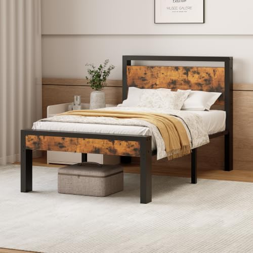 Sweetcrispy Twin 14 Inch Platform Bed Frame with Headboard & Storage, Rust by Sweetcrispy