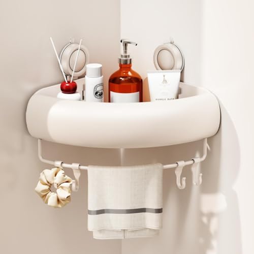 CICUFY Shower Caddy Suction Cup, 1 Pack No Drilling Corner Shower Shelves, Rust Proof Bathroom Storage Organizer, Shower Corner Caddy with Removable Hooks and Towel Bar, Triangle, Cream by CICUFYOfficial