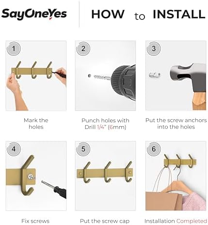 Brushed Gold Small Coat Rack Wall Mount – 9 Inch Stainless Steel Rail with 3 Double Coat Hooks for Entryway, Bathroom, Bedroom, Kitchen – Modern Gold Hook Rack for Coats, Hats, Towels - Image 7