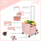 Foldable Utility Cart with Stair Climbing Wheels,Collapsible Rolling Crate with Magnetic Lid Telescopic Cover,Telescoping Handle,360° Rotate Wheel Hand Cart for Teacher Shopping Moving Grocery(Pink) - Image 3