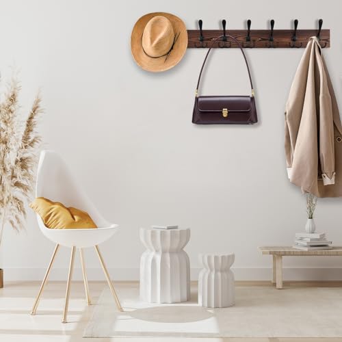 Kuhome 32.2'' Large Coat Rack Wall Mount Coat Hooks Coat Hanger with 8 Metal Black Triple- Hooks Brown Pine Real Wood Plank Hat Rack for Wall Hooks for Hanging Coat Hat Jacket (Pack of 2) - Image 4