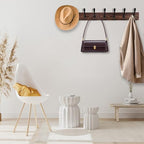 Kuhome 32.2'' Large Coat Rack Wall Mount Coat Hooks Coat Hanger with 8 Metal Black Triple- Hooks Brown Pine Real Wood Plank Hat Rack for Wall Hooks for Hanging Coat Hat Jacket - Image 4