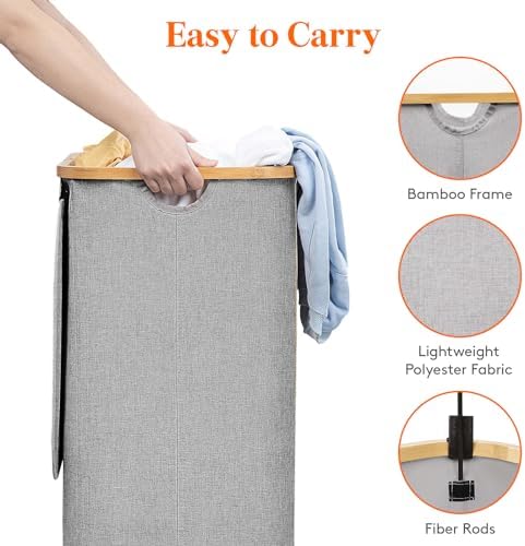 Lifewit 105L Laundry Basket with Lid, Clothes Hampers for Laundry with Bamboo Handles and 1 Removable Bag, Large Foldable Laundry Hamper for Bedroom, Bathroom, Dorm, Laundry Room, Light Gray - Image 5
