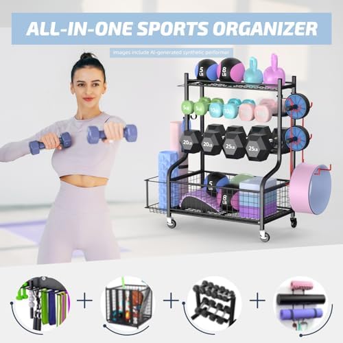 PLKOW Dumbbell Rack, Weight Rack for Dumbbells, Home Gym Storage for Dumbbells Kettlebells Yoga Mat and Balls, All in One Workout Storage with Wheels and Hooks, Powder Coated Finish Steel - Image 2