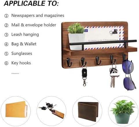 Key Holder for Wall with Mail Holder, Decorative Wooden Key Holder Wall Mount, Mail Rack Organizer with Shelf for for Entryway Office Hallway Home Decor, Rustic Brown - Image 5