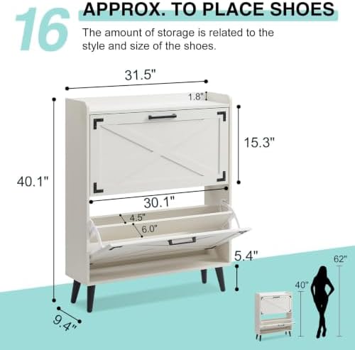 Barnyatoh Farmhouse Shoe Storage Cabinet with 2 Flip Drawers & Barn Door - Image 2