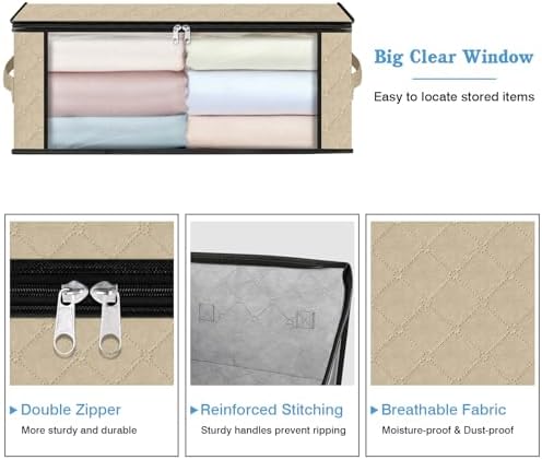 HomeHacks 8-Pack Clothes Organizer Storage Bags, 35L Storage Bins, Beige | Foldable Storage Box Container with Zippers, Clear Window, Reinforced Handles for Closet, Dorm, Pillows, Bedding, Sweater - Image 4