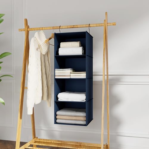 Hanging Closet Organizer 4-Shelf, Oxford Fabric Wardrobe Storage, Navy Blue | Easy-mount foldable design holds clothes, handbags, shoes & accessories; washable Oxford fabric, sturdy and space-saving. - Image 2