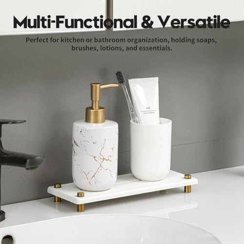 Razborci Water Absorbing Stone Sink Caddy Kitchen Sink Organizer Tray, Diatomite Bathroom Counter Tray, Gold Faucet Drying Mat Coaster Soap Dish Rack Riser Dispenser Sponge Holder, White 10" x 4" - Image 6