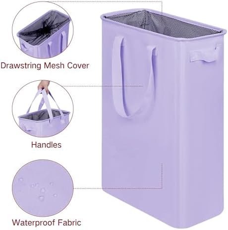 efluky Slim Laundry Basket, Narrow Laundry Hamper with Handles, Collapsible Dirty Clothes Hamper, Tall Laundry Bin for Laundry Room, Dorm and Bedroom, 12.7 Gallons(48L) Light Purple - Image 3