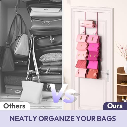 SWTYMIKI Over the Door Purse Organizer - Wall Mounted Handbag Organizer with 10 Hooks and Metal Basket, Hanging Purse Storage Rack Holds up to 10 Bags, Bag Rack Can Use As 1/2 Part, for Door, Closet - Image 4