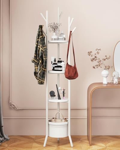 YMYNY Coat Rack, Freestanding Coat Stand with Storage Shelves, Hall Trees with 3 Wooden Shelves and 1 Fabric Basket, Metal Clothes Stand for Hats Bags Hallway Bedroom White UHGR005W - Image 2