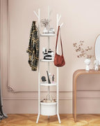 YMYNY Coat Rack, Freestanding Coat Stand with Storage Shelves, Hall Trees with 3 Wooden Shelves and 1 Fabric Basket, Metal Clothes Stand for Hats Bags Hallway Bedroom White UHGR005W - Image 2