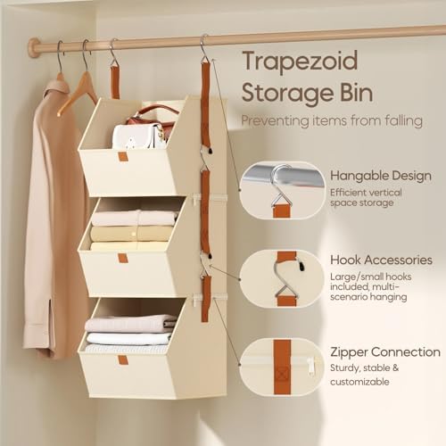Homsorout Collapsible Hanging Closet Organizer - 3 Tier Closet Shelves Storage System with Hooks, Fabric Hanging Storage Bins for Clothes, Foldable Storage Basket for Laundry, Bedroom, Rv, Beige - Image 3