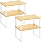 Kitchen Cabinet Organizer Shelf Set of 4, Sturdy Kitchen Counter Shelves with Metal Legs, Stackable Expandable Wood Spice Rack Pantry Cupboard Dish Mug Cup Storage Organizer Shelf,White+Bamboo by SelefrecosStorage