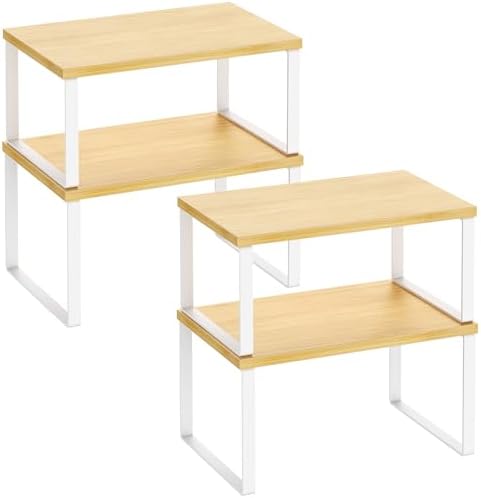Kitchen Cabinet Organizer Shelf Set of 4, Sturdy Kitchen Counter Shelves with Metal Legs, Stackable Expandable Wood Spice Rack Pantry Cupboard Dish Mug Cup Storage Organizer Shelf,White+Bamboo by SelefrecosStorage
