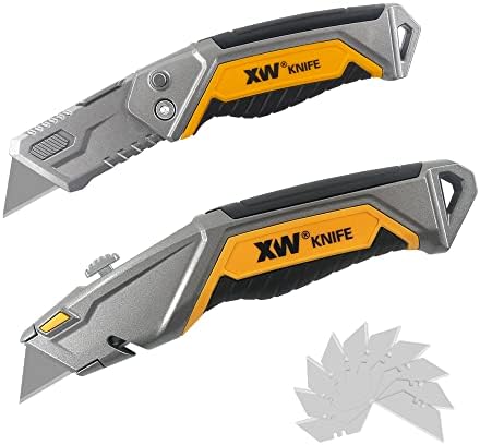 XW Utility Knife Set, Heavy Duty Zinc Alloy Retractable Box Cutter and Folding Utility Knife with Blade Storage Design, Total 18 PCS Blades Included, 2-Pack by XW