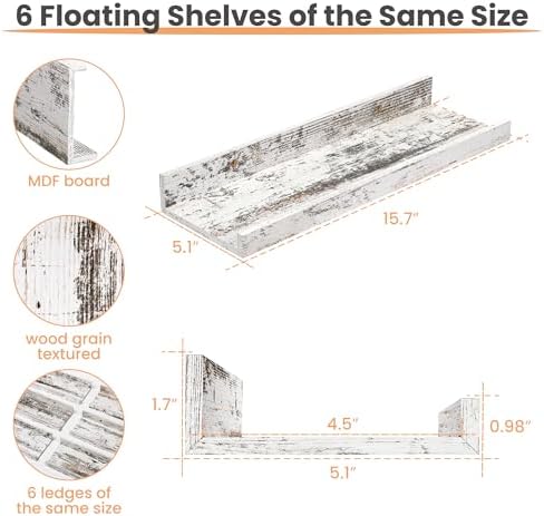 upsimples Floating Shelves for Wall Decor Storage Rustic White,6Pcs 15.7'' - Image 3