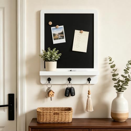 Tirzah 12 x 16 Inch Wall Mounted Magnetic Chalkboard with Shelf and 3 Hooks, White Wood Framed Hanging Memo Board Organizer for Entryway, Kitchen, Home Office - Image 5