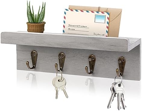HRONRAD Rustic Key Holder for Wall, Farmhouse Wall Shelf with 4 Hooks, Wall Mounted Key Racks, Wooden Mail Organizer with Hooks for Entryway (Grey) by Hronrad