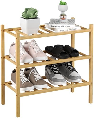 ROMGUAR CRAFT 3-Tier Bamboo Small Shoe Rack, Free Standing Wood Shoe Shelf Storage Organizer for Closet Entryway Stackable (Natural) by ROMGUAR+CRAFT