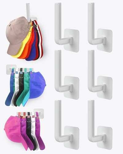 Hat Rack for Hat Storage (6-Pack), Multi-Purpose Hat Organizer, Strong Adhesive Hat Hooks for Wall Hat Organizer for Baseball Caps, Two Mounting Options Hat Hook, White by Sunfanie