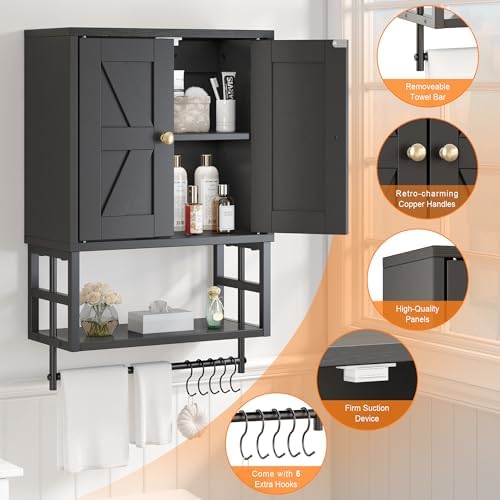 Bathroom Wall Cabinet, Farmhouse Medicine Storage with Towel Bar, Black - Image 5