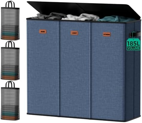 185L Laundry Hamper 3 Section with Lid & Removable Bags by MECINFUL