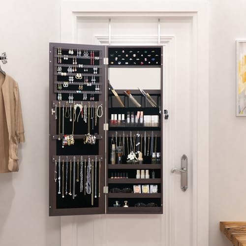 Full Length Mirror Jewelry Cabinet Organizer for Makeup and Jewelry, Lockable Door Wall-Mounted Jewelry Armoire with Shelves and Behind-the-Door Storage Rustic Brown - Image 5