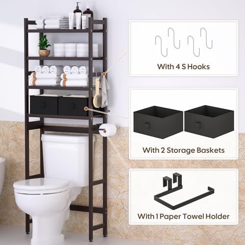 Cozivolife Over The Toilet Bamboo Storage Rack: 4-Tier & 2 Baskets (Brown) - Image 4
