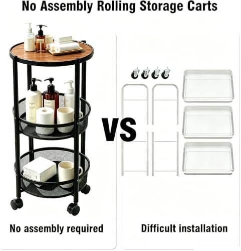 3-Tier Foldable Rolling Cart, Collapsible Metal Utility Cart with Wheels, Assembly-Free, Round Storage Organizer Trolley for Kitchen, Bathroom, Dorm, Nursery-Black - Image 3