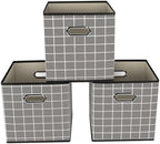 Yunkeeeper storage bins Cubes, Fabric Cube Organizer with Handle, Foldable Cube Bins for Cloth or Accessary Storage, 11x11x11, Set of 3,(Grey grid) by Yunkeeper
