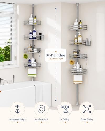 SEIRIONE Corner Shower Caddy Tension Pole, Quick Setup, Rust-Free Bathroom Shower Organizer Corner for Bathtub Shampoo Storage, 4-Tier Adjustable Shelf, Fits 34 to 116 Inch Height, Silver Gray - Image 2