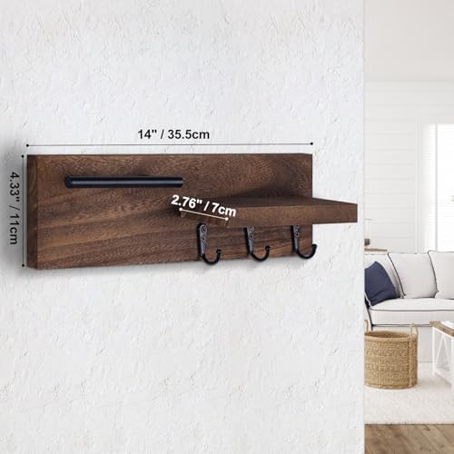Key Holder for Wall, Decorative Entryway Shelf with Hooks Holds Keys, Dog Leash, Sunglasses – Key Hanger with 3 Hooks Organizes, Enhances Home Decor (15” x 4.5” x 2.6”) (Brown) - Image 7