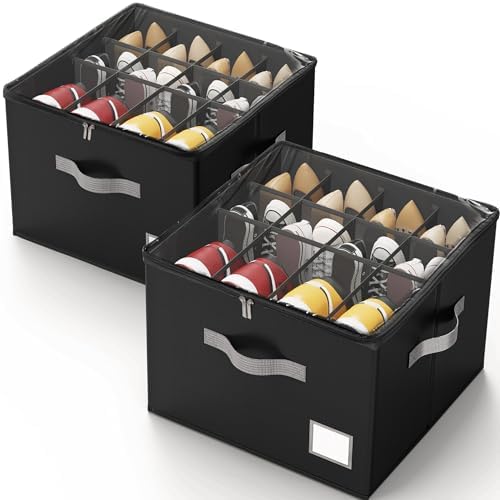 Criusia Shoe Organizer for Closet, Foldable Shoe Storage Organizer with Clear Cover and Sturdy Handles, Fit 12-16 Pairs, Closet Organizer for Shoes Sneakers Sandals Heels, 2 Pack, Black by Criusia