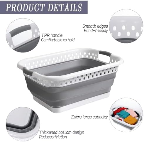 2 Pcs Collapsible Laundry Baskets, 11 Gallon 42L Collapsible Laundry Clothes Hamper, Foldable Laundry Hamper with Non-Slip Handles, Portable Space Saving Pop-Up Laundry Hamper Container (Grey-White) - Image 3