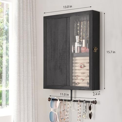 Keebofly Wall Mounted Jewelry Organizer With Rustic Wood Large Space Jewelry Cabinet, Holder, Storage Box for Necklaces, Earrings, Bracelets, Ring Holder, and Accessories Black - Image 6