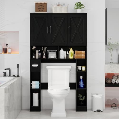 Vabches Over The Toilet Storage Cabinet with 3 Barn Doors.Black by Vabches